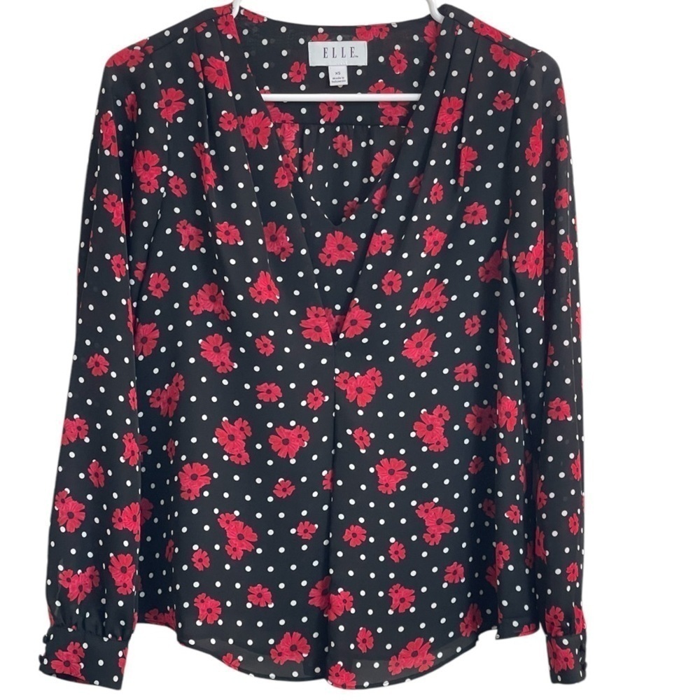 Elle Black Blouse with Red Floral and Polka Dot Print Long Sleeve Size Women XS
